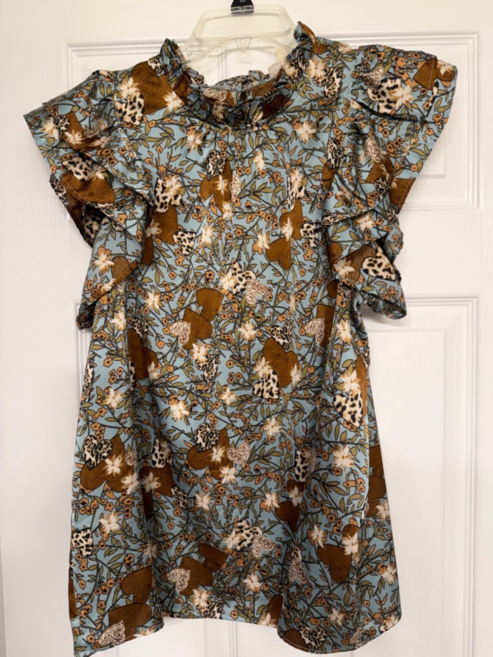entro Blue Floral Print Blouse with Brown Accents